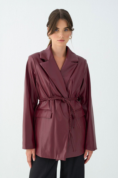 Salih Çelebi Δερμάτινο μπουφάν με πλεκτή ζώνη 51007 - ΒΡΑΚΑΝΤΙΚΟ