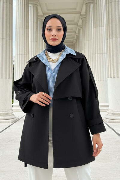 Salih Çelebi Καμπαρντίνα με μανίκια-επωμίδες 0014 - ΜΑΥΡΗ