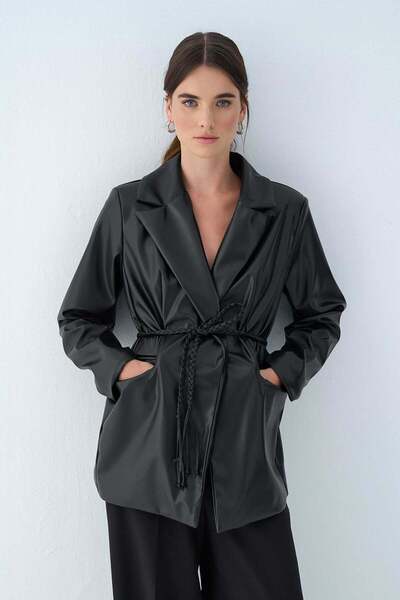 Salih Çelebi Δερμάτινο μπουφάν με πλεκτή ζώνη 51007 - ΜΑΥΡΟ