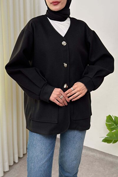 Salih Çelebi Μπουφάν με λαιμόκοψη V 0041 - ΜΑΥΡΟ