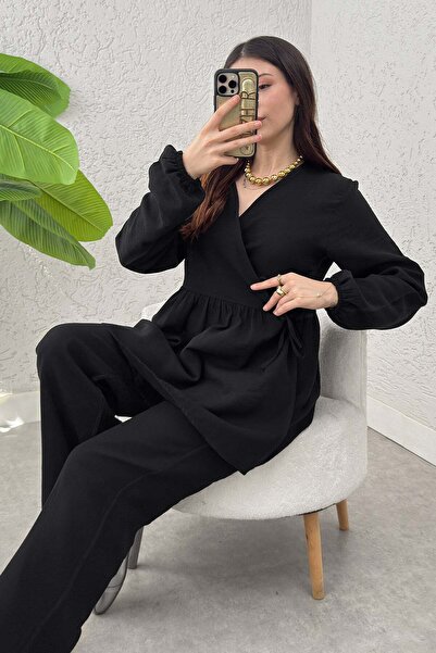 Salih Çelebi Σετ Κιμονό με Σταυρωτό Δέσιμο 43457 - ΜΑΥΡΟ