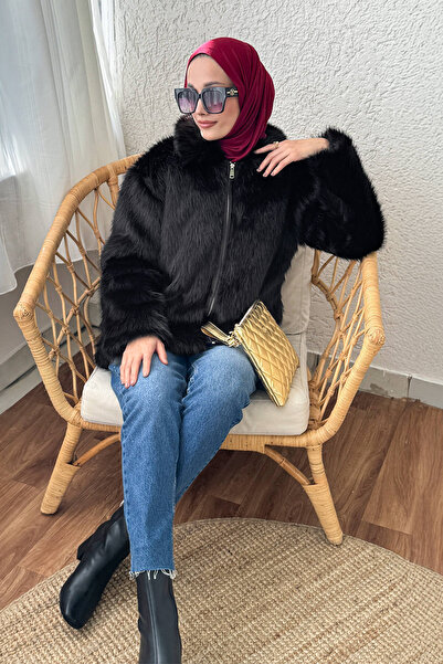 Salih Çelebi 4107 Παλτό από τεχνητή γούνα - Μαύρο