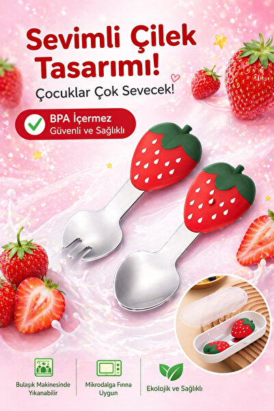 jojobebek Çilek Figürlü Premium Çocuk BPA Free Silikon Sap Paslanmaz Çelik Uç...