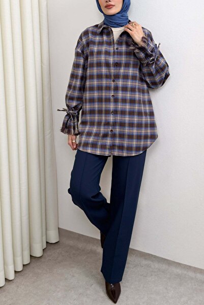 Salih Çelebi Pleated Sleeve Plaid Shirt 0067 - Dark Blue