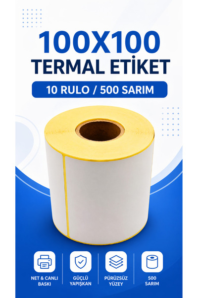 Küresel Etiket Barkod 100x100mm Termal Etiket | 10 Rulo | 500 Sarım | Ribonsu...