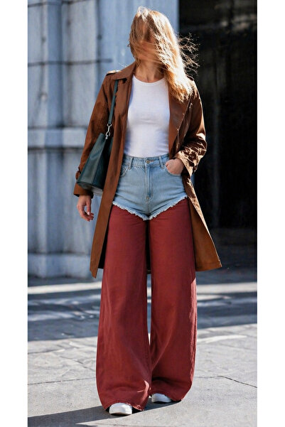 couis γυναικείο παλαζό με ψηλόμεσο κορμό και φαρδύ πόδι συνδυασμός υφασμάτων ...