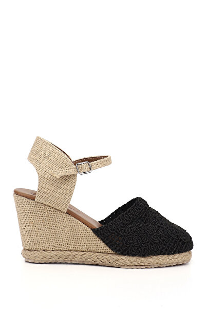 GÖNDERİ(R) Γυναικείο Μαύρο Ψάθινο Πλεκτό Σφηνοειδές τακούνι τεμάχια Σανδάλια