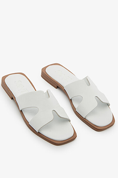 SAYL Λευκές γυναικείες φλατ παντόφλες από γνήσιο δέρμα με λουράκια H