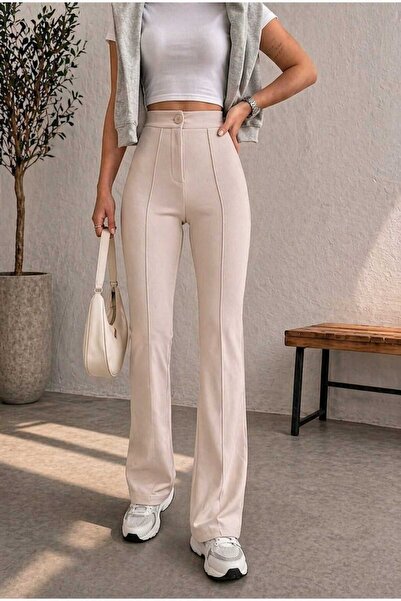 M&N Pantaloni de damă cu talie înaltă, bej, din lycra, cu efect de subțiere, ...
