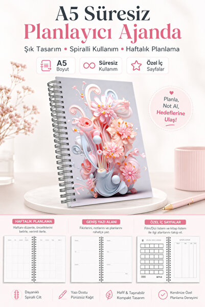 cabuk baskı A5 Süresiz Planlayıcı Ajanda Spiralli Haftalık Defter Soft Çiçekli Kapak