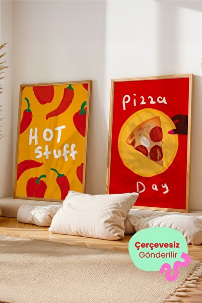 ArtDropsco 2’li Mutfak Tablo Seti Pizza ve Biber İllüstrasyon Poster Duvar De...
