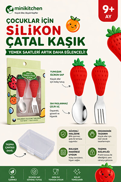 jojobebek Çilek Figürlü Premium Çocuk BPA'sız Silikon Saplı Paslanmaz Çelik U...