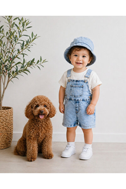 P&H BABYWEAR Kanguru Cepli Şapkalı Tişörtlü Unisex Kot Salopet 3'Lü Takım