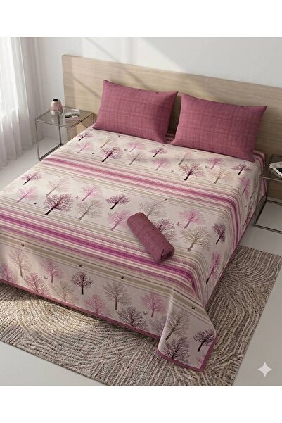 ŞENER HOME Σετ σεντόνια με σχέδιο Δέντρο της Ζωής, ελαστικά, διπλά, πικέ - Ροζ