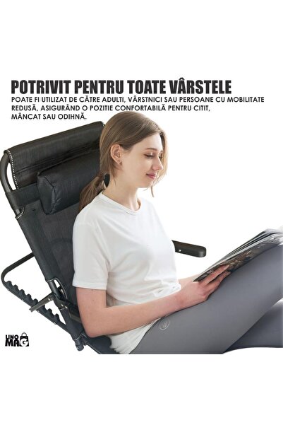 Linomag Suport spate rabatabil și reglabil, 7 niveluri de înclinare, cotiere, ergonomic, portabil, negru mat