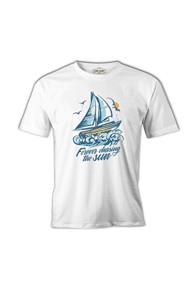 Lord T-Shirt تيشيرت رجالي أبيض بطبعة قارب شراعي يطارد الشمس