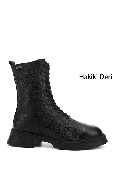 GÖNDERİ(R) Γυναικείες μαύρες μπότες από γνήσιο δέρμα με χοντρή σόλα με φερμουάρ