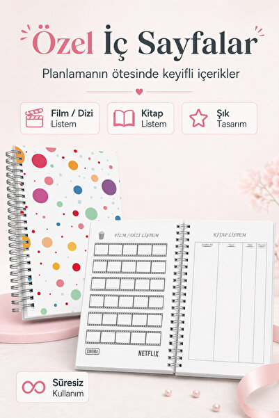 cabuk baskı A5 Süresiz Planlayıcı Ajanda Spiralli Haftalık Defter Renkli Puantiye Kapak