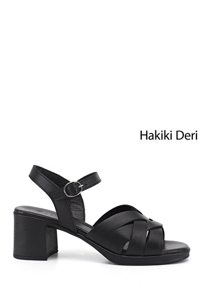 GÖNDERİ(R) Γυναικεία πέδιλα από γνήσιο δέρμα με μαύρο χοντρό τακούνι