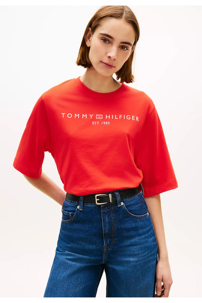 Tommy Hilfiger Γυναικείο κοντομάνικο μπλουζάκι με λαιμόκοψη ποδηλάτου, άνετη ...