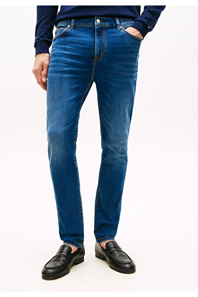 Tommy Hilfiger Erkek Dar Kesim Düz Paçalı Esnek Pamuklu Denim Mavi Jeans