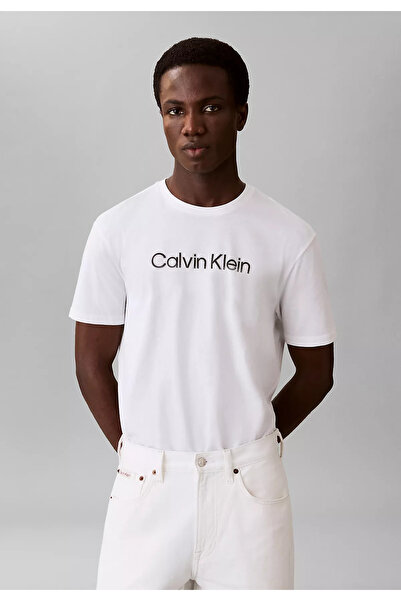 Calvin Klein Erkek Kısa Kol Bisiklet Yaka CALVIN Yazı Desenli Pamuklu Beyaz T...