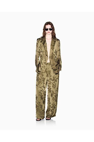 Armani Exchange Kadın Geniş Paça Yüksek Bel Dal Desenli Düğme Kapama Haki Pantolon