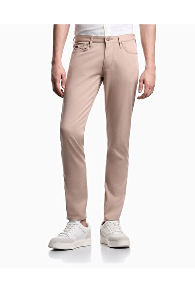 Emporio Armani Erkek Slim Fit Pamuklu Dar Paça Deri Logo Etiketli Bej Jeans