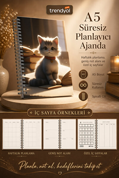 cabuk baskı A5 Süresiz Planlayıcı Ajanda Spiralli Haftalık Defter Sevimli Kedi Kapak