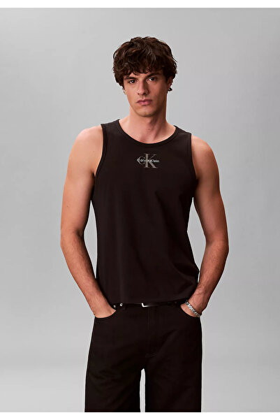 Calvin Klein Erkek Slim Fit Yuvarlak Yaka Ck Desen Kolsuz Siyah T-Shirt