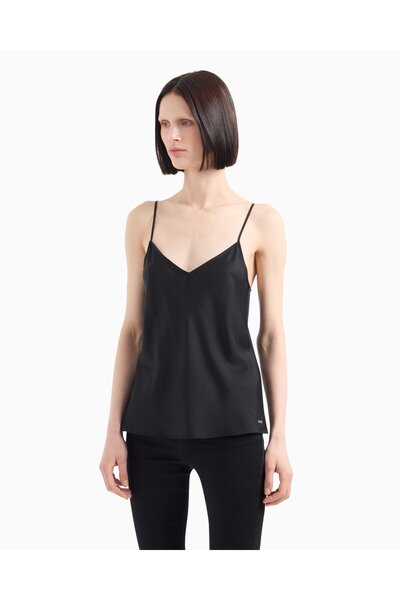 Armani Exchange Γυναικεία μπλούζα με λεπτό κορδόνι και λαιμόκοψη V, σατέν μαύρη