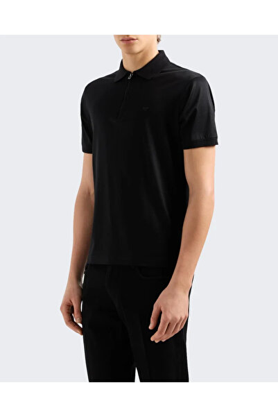 Emporio Armani Men's Half Zipper Cotton Short Sleeve Black T-Shirt