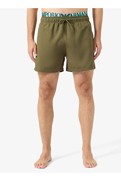 Emporio Armani Men's Regular Fit Khaki Swim Shorts with Elastic Waist and Dra...