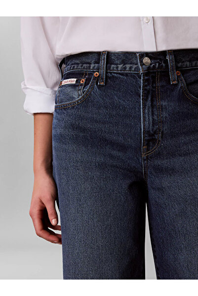 Calvin Klein Kadın Normal Kesim Yüksek Bel Geniş Paça Pamuklu Denim Mavi Jeans