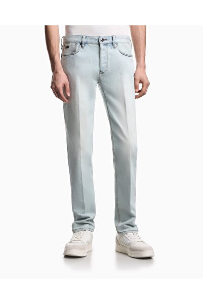 Emporio Armani Erkek Dar Kalıp Mikro Desenli Düşük Bel Denim Mavi Jeans