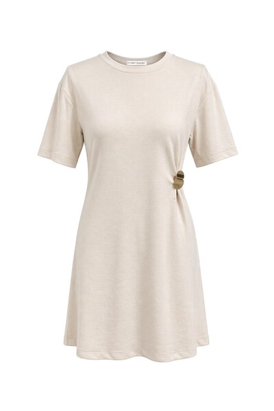 Mixray 2092 Γυναικείο Μίνι Φόρεμα με Μεταλλικά Αξεσουάρ και Πλαϊνές Λωρίδες Μπεζ