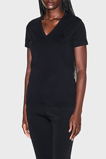 Armani Exchange Women's Slim Fit V-Neck Short Sleeve Plain Model Black T-Shirt