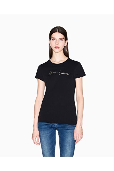 Armani Exchange Women's Crew Neck Short Sleeve Cotton T-Shirt with Text Patte...