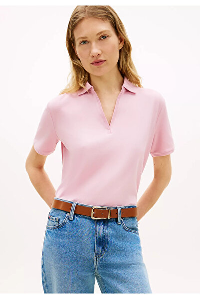 Tommy Hilfiger Kadın Normal Kalıp Pamuklu Kısa Kollu Pembe Polo Yaka T-Shirt