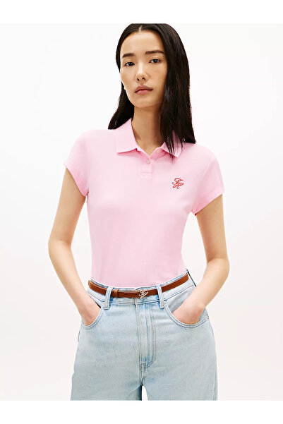 Tommy Hilfiger Kadın Slim Fit Göğsünde Logo İşlemeli Pamuklu Kısa Kollu Pembe...