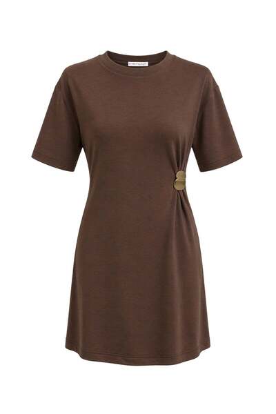 Mixray 2092 Γυναικείο Μίνι Φόρεμα με Μεταλλικά Αξεσουάρ και Πλαϊνές Λωρίδες Καφέ