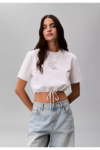Calvin Klein Kadın Normal Kalıp CK Logo Deseni Kısa Kollu Beli İp Büzgülü Cro...