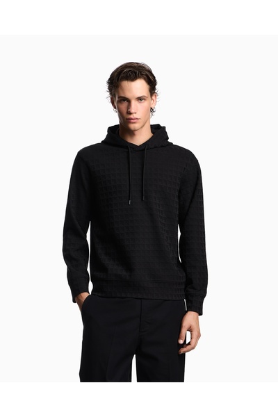 Emporio Armani سويت شيرت أسود بقلنسوة وشعار نسر ذو ملمس مميز للرجال