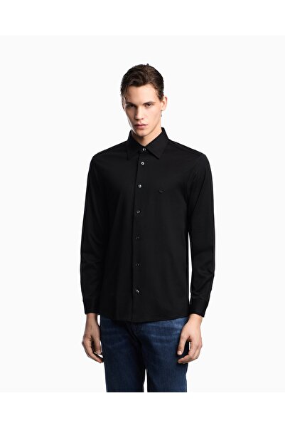 Emporio Armani Men's Brand Logo Long Sleeve Slim Fit Black Shirt