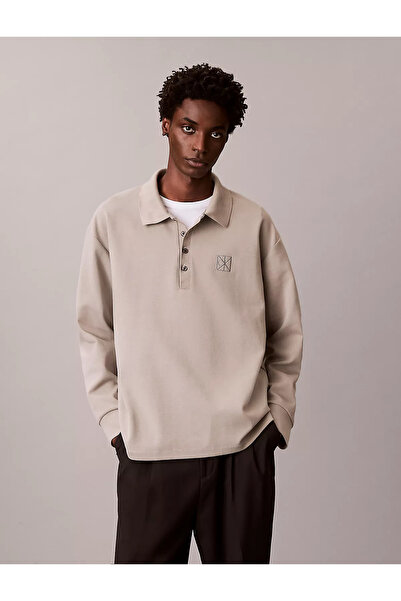 Calvin Klein Erkek Rahat Kalıp CK Logo İşlemeli Pamuklu Uzun Kollu Haki Polo ...