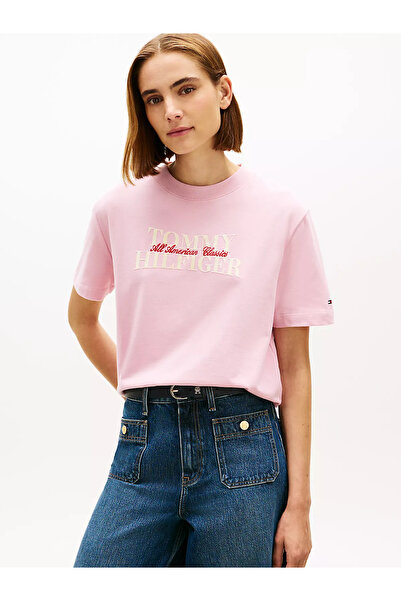 Tommy Hilfiger Kadın Saf Pamuklu Kalın Kumaş Kadife Logo Baskılı Kısa Kollu P...