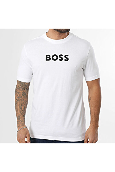 BOSS Erkek Regular Fit Yuvarlak Yakalı Pamuklu Kısa Kollu Beyaz T-Shirt