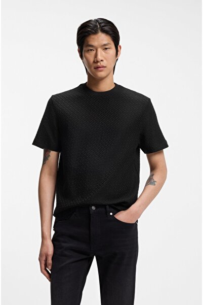 BOSS Erkek Tamamı Monogram Logo Detaylı %100 Pamuklu Kısa Kollu Siyah T-Shirt