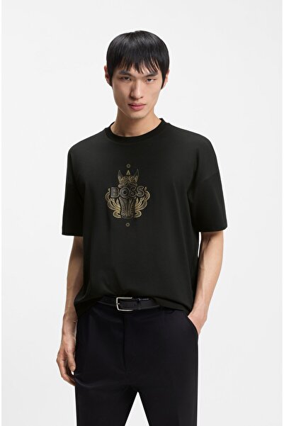 BOSS Erkek İşlemeli Logo Tasarımlı %100 Pamuklu Kısa Kollu Siyah T-Shirt
