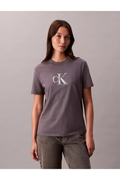 Calvin Klein Kadın Kısa Kol CK Yazı Detay Bisiklet Yaka Gri T-Shirt